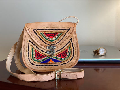 Nature's Own Genuine Leather Cross Body Bags with Hand Embroidery Work & Metal Buckle - Design No. NL104