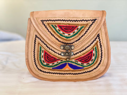 Nature's Own Genuine Leather Cross Body Bags with Hand Embroidery Work & Metal Buckle - Design No. NL104