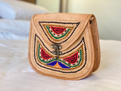 Nature's Own Genuine Leather Cross Body Bags with Hand Embroidery Work & Metal Buckle - Design No. NL104