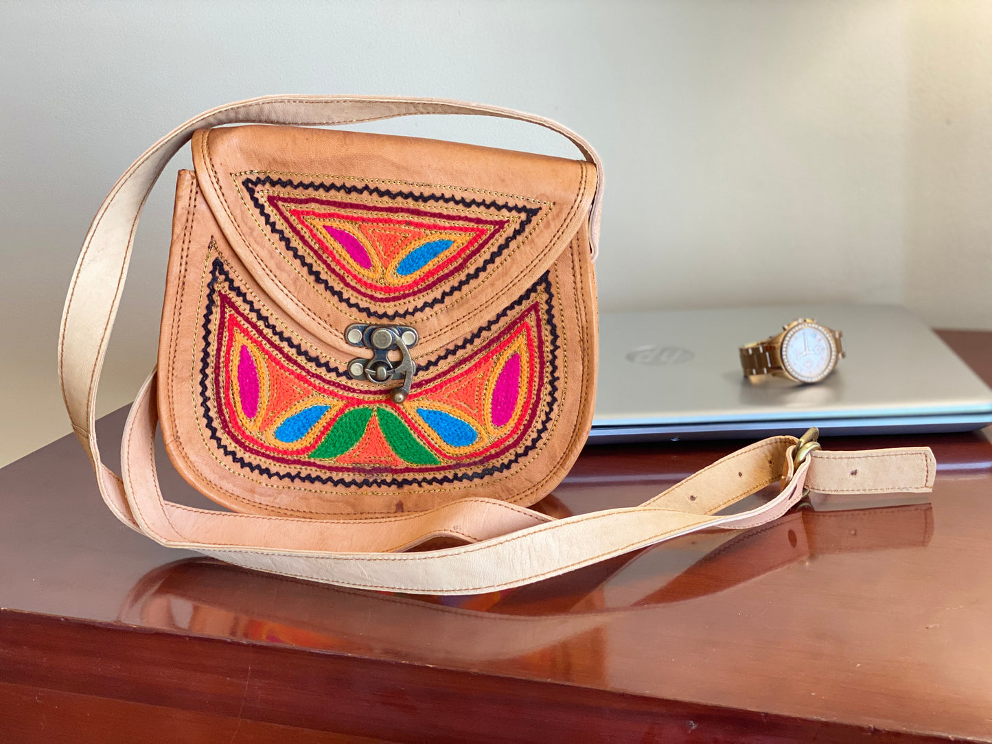 Nature's Own Genuine Leather Cross Body Bags with Hand Embroidery Work & Metal Buckle - Design No. NL107