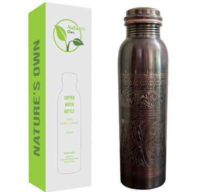 Nature’s Own Copper Water Bottle – 34 Oz Extra Large – Ayurvedic Pure Copper Water Bottle For Drinking – Drink More Water – Leak Proof – Jointless Water Bottle  - Hand Etching Design 02