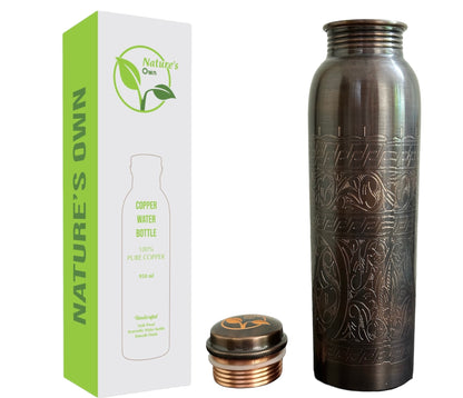 Nature’s Own Copper Water Bottle – 34 Oz Extra Large – Ayurvedic Pure Copper Water Bottle For Drinking – Drink More Water – Leak Proof – Jointless Water Bottle  - Hand Etching Design 02