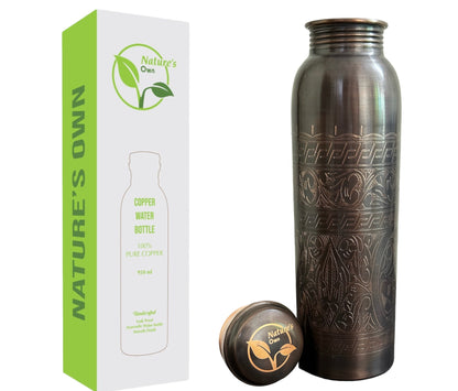 Nature’s Own Copper Water Bottle – 34 Oz Extra Large – Ayurvedic Pure Copper Water Bottle For Drinking – Drink More Water – Leak Proof – Jointless Water Bottle  - Hand Etching Design 02