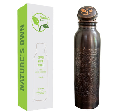 Nature’s Own Copper Water Bottle – 34 Oz Extra Large – Ayurvedic Pure Copper Water Bottle For Drinking – Drink More Water – Leak Proof – Jointless Water Bottle  - Hand Etching Design 02