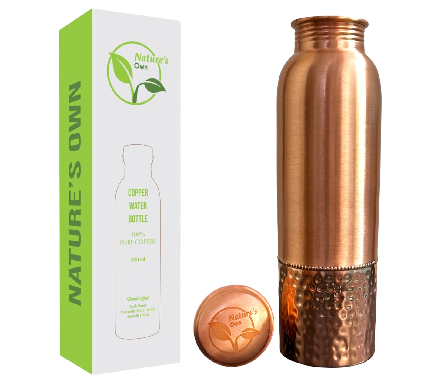 Nature’s Own Copper Water Bottle – 34 Oz Extra Large – Ayurvedic Pure Copper Water Bottle For Drinking – Drink More Water – Leak Proof – Jointless Water Bottle  - Half Plain & Half Hammered Design