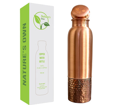 Nature’s Own Copper Water Bottle – 34 Oz Extra Large – Ayurvedic Pure Copper Water Bottle For Drinking – Drink More Water – Leak Proof – Jointless Water Bottle  - Half Plain & Half Hammered Design