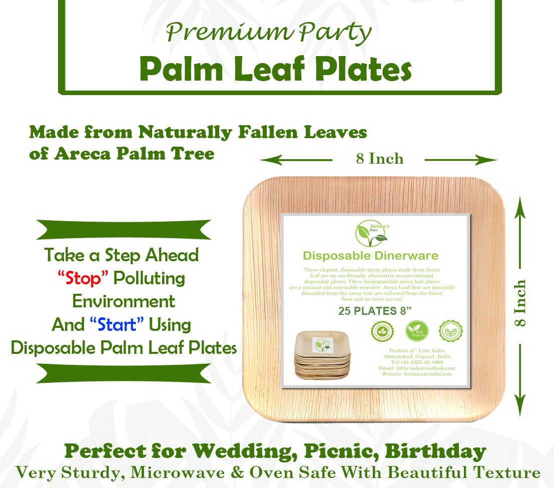 Nature's Own Palm Leaf Disposable Plates Pack of 25 Stronger Than Plastic and Paper Plates (8 inch square)