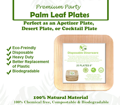 Nature's Own Palm Leaf Disposable Plates Pack of 25 Stronger Than Plastic and Paper Plates (8 inch square)