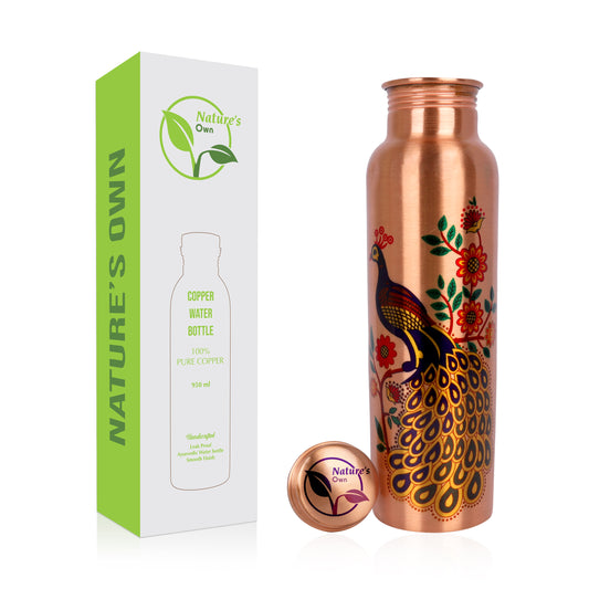 Nature’s Own Copper Water Bottle – 34 Oz Extra Large – Ayurvedic Pure Copper Water Bottle For Drinking – Drink More Water – Leak Proof – Jointless Water Bottle  - Hand Painted Peacock Design