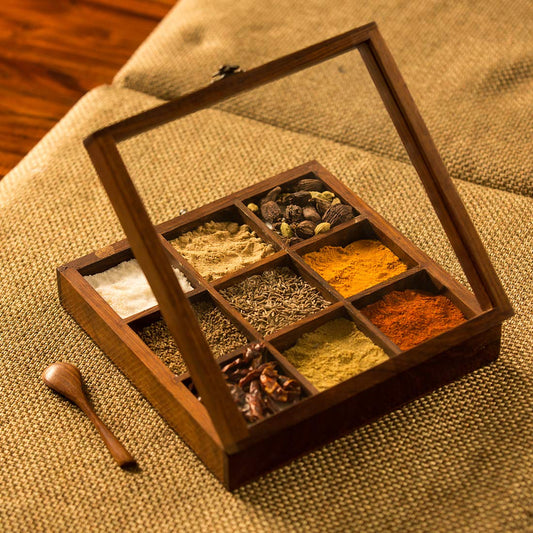 Nature's Own Wooden Spice Container Square Masala Dabba Masala Daani 8x8x2