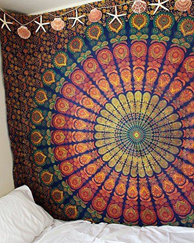 Nature's Own Indian hippie Bohemian Psychedelic Mirchi Yellow Blue Mandala Wall hanging Bedding Tapestry (Yellow Blue Pink, Twin (54x72Inches)(140x185cms))