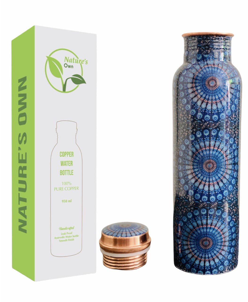 Nature’s Own Copper Water Bottle – 34 Oz Extra Large – Ayurvedic Pure Copper Water Bottle For Drinking – Drink More Water – Leak Proof – Jointless Water Bottle  - Mandala Design